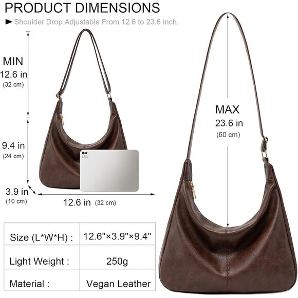 Hobo Bags for Women Foldable Vegan Leather Shoulder Handbag Slouchy Tote Crossbo - Picture 5 of 9